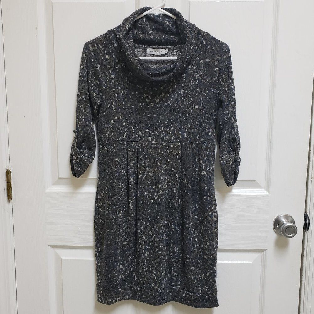 Jules & Jim Maternity Dress S Blue Gray Camo Cowl Neck Stretch Tunic 3/4 Sleeve